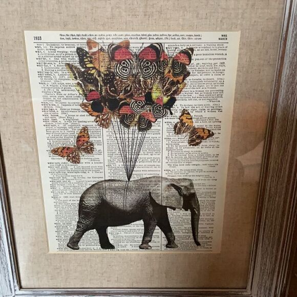 Framed Elephant and Butterfly Print on Recycled Encyclopedia Page - Picture 14 of 16